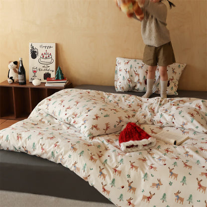 Parure de lit en coton motif sapin de Noël et élan (4 pièces)