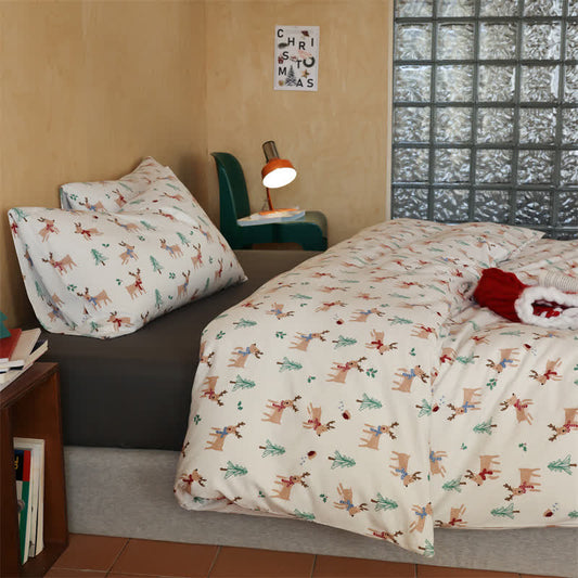 Parure de lit en coton motif sapin de Noël et élan (4 pièces)