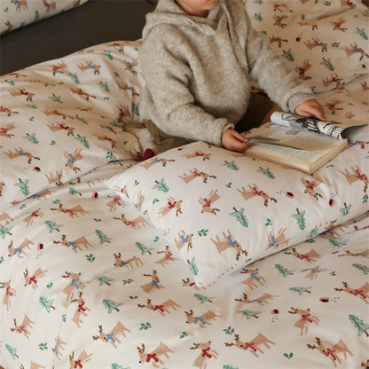 Parure de lit en coton motif sapin de Noël et élan (4 pièces)