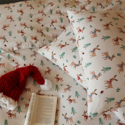 Parure de lit en coton motif sapin de Noël et élan (4 pièces)