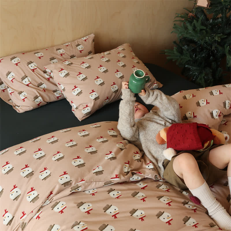 Parure de lit de Noël en coton avec motif bonhomme de neige (4 pièces)