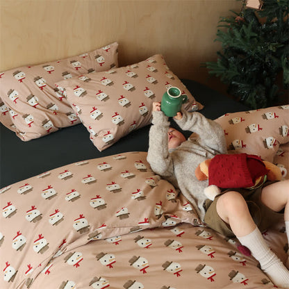 Parure de lit de Noël en coton avec motif bonhomme de neige (4 pièces)