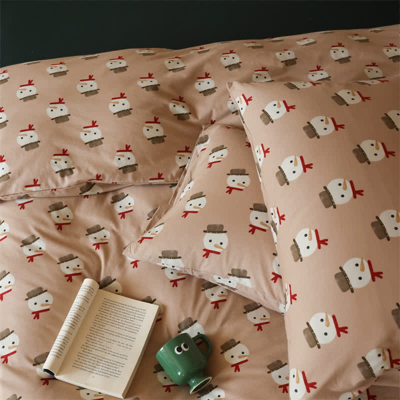 Parure de lit de Noël en coton avec motif bonhomme de neige (4 pièces)