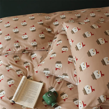 Parure de lit de Noël en coton avec motif bonhomme de neige (4 pièces)