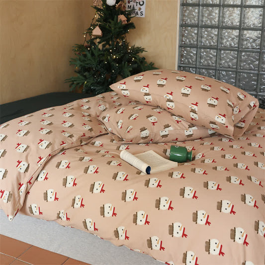 Parure de lit de Noël en coton avec motif bonhomme de neige (4 pièces)