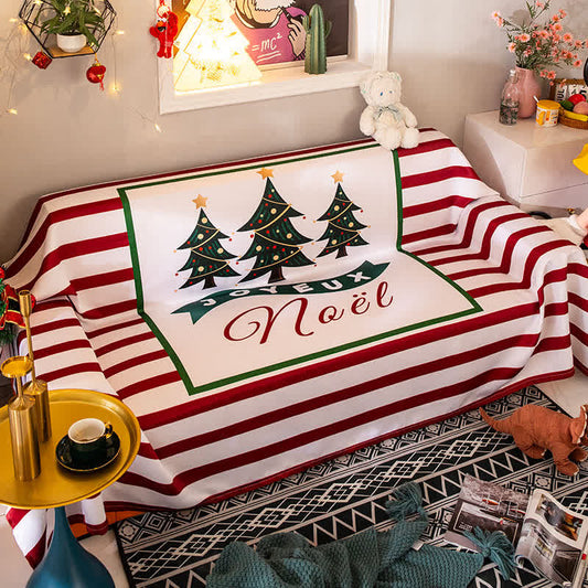 Couverture rayée avec motif sapin de Noël, housse de canapé