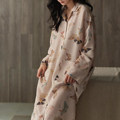 Chemise de nuit longue en gaze de coton à motif papillon