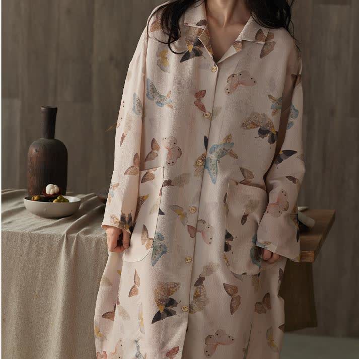Chemise de nuit longue en gaze de coton à motif papillon