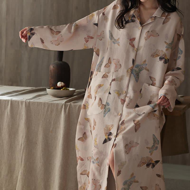 Chemise de nuit longue en gaze de coton à motif papillon