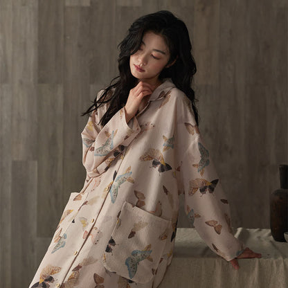 Chemise de nuit longue en gaze de coton à motif papillon