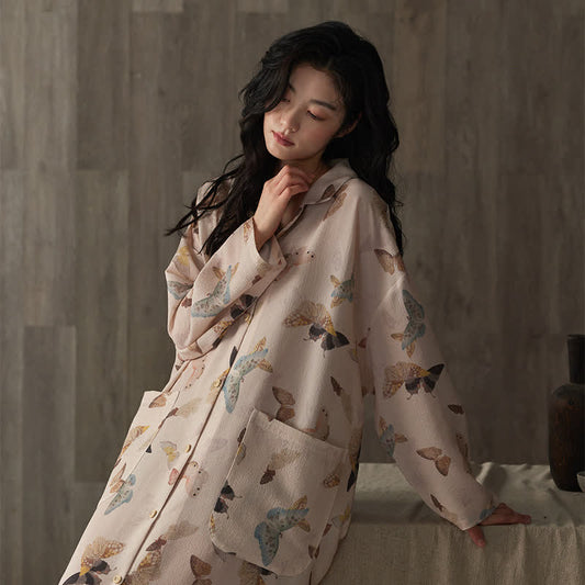 Chemise de nuit longue en gaze de coton à motif papillon