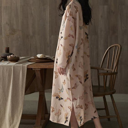 Chemise de nuit longue en gaze de coton à motif papillon