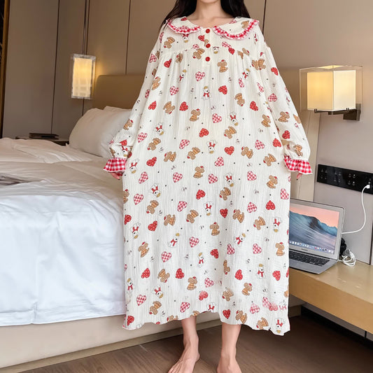 Chemise de nuit longue en coton grande taille avec col poupée