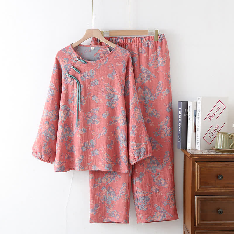 Ensemble pyjama en coton à motif floral, oiseau et grenouille