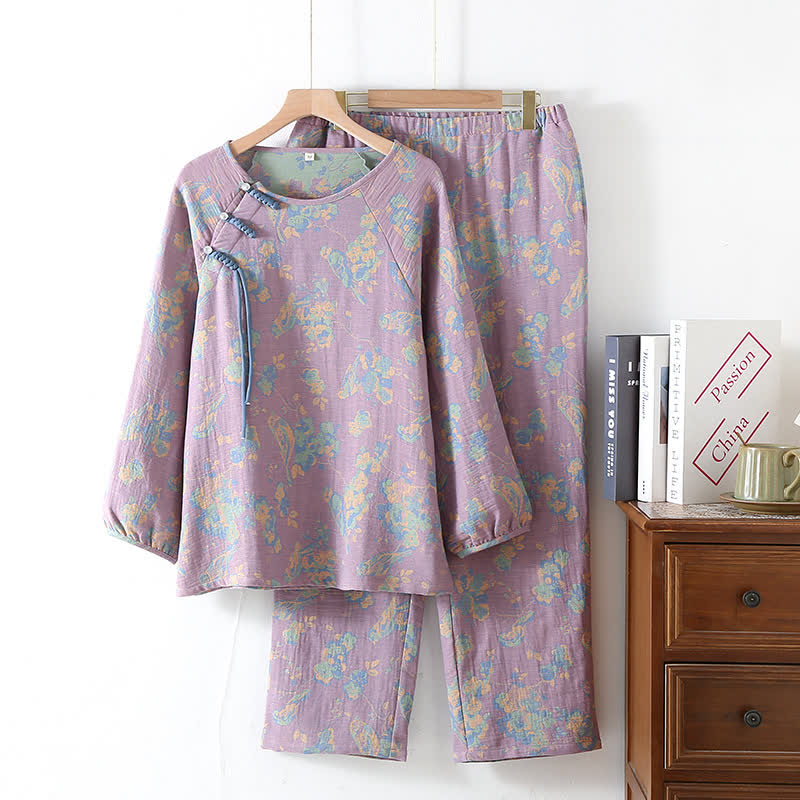 Ensemble pyjama en coton à motif floral, oiseau et grenouille