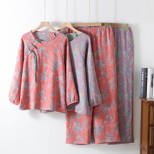 Ensemble pyjama en coton à motif floral, oiseau et grenouille