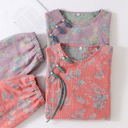 Ensemble pyjama en coton à motif floral, oiseau et grenouille