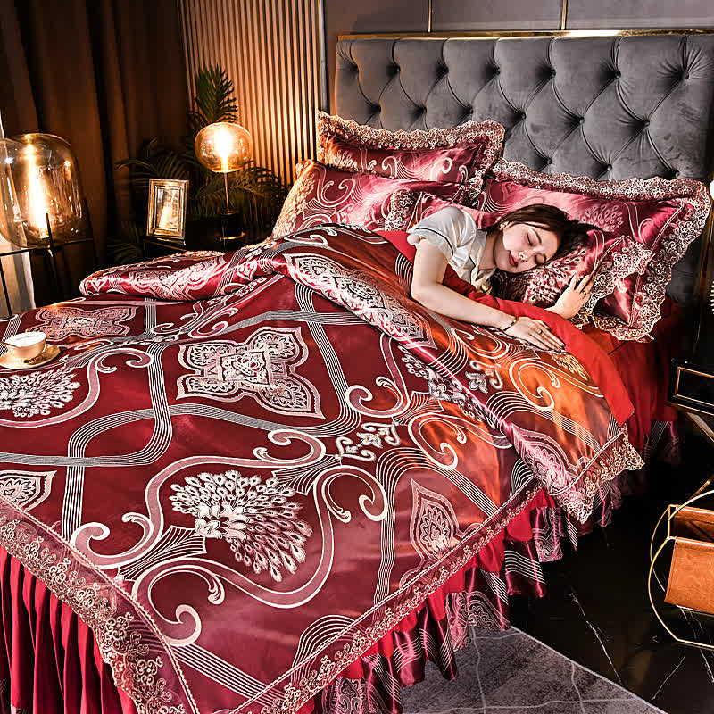 Parure de lit avec jupe de lit en satin jacquard (4 pièces)