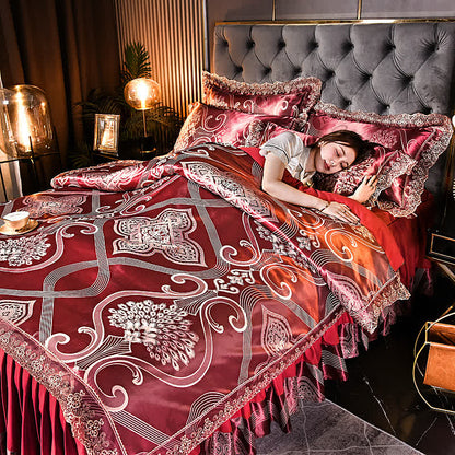 Parure de lit avec jupe de lit en satin jacquard (4 pièces)
