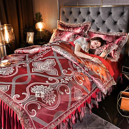 Parure de lit avec jupe de lit en satin jacquard (4 pièces)