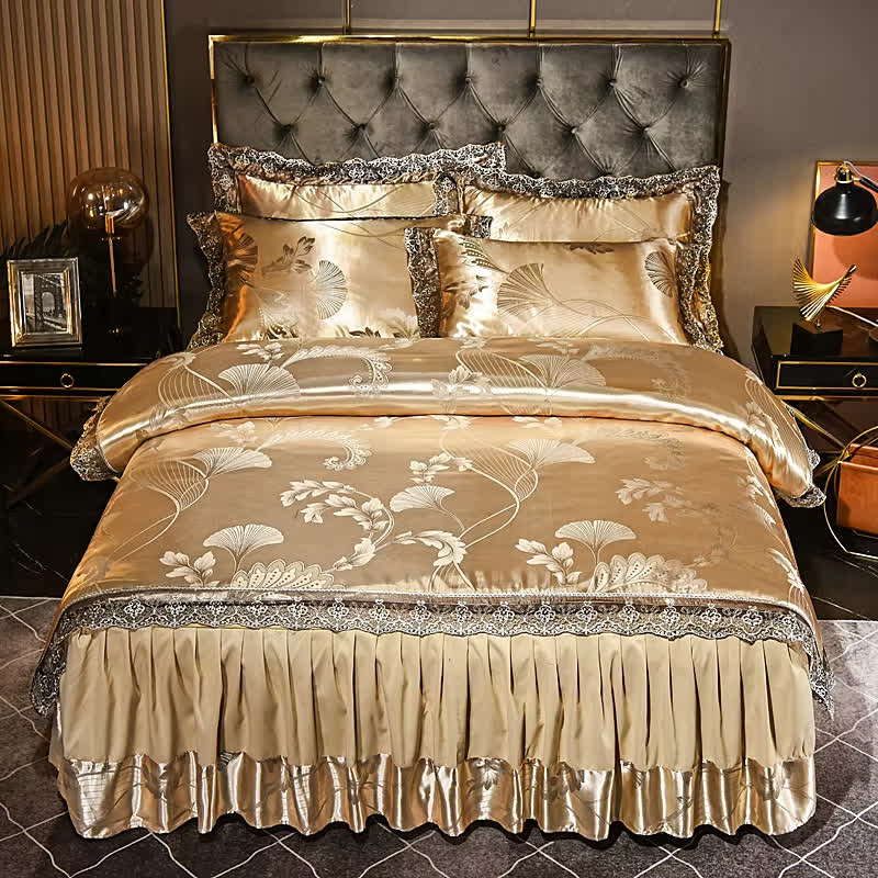 Parure de lit avec jupe de lit en satin et feuilles de ginkgo (4 pièces)