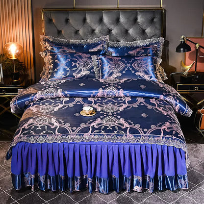 Parure de lit élégante avec jupe de lit en satin (4 pièces)