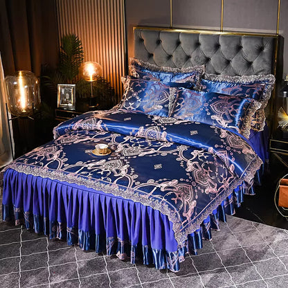 Parure de lit élégante avec jupe de lit en satin (4 pièces)