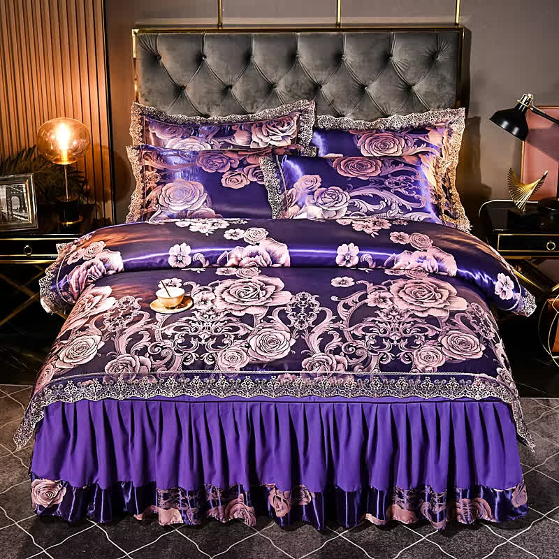 Parure de lit en satin avec bordure en dentelle florale (4 pièces)