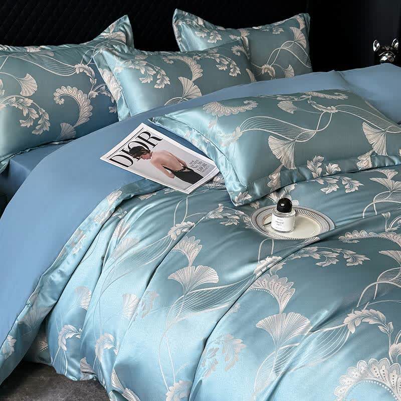 Parure de lit élégante en satin avec feuilles de ginkgo (4 pièces)