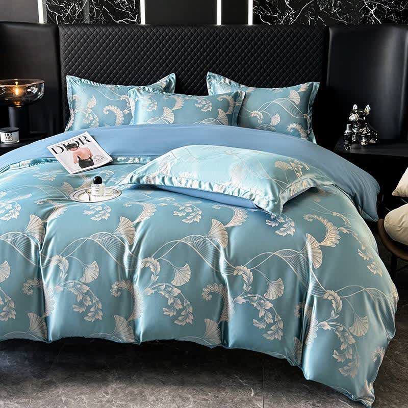 Parure de lit élégante en satin avec feuilles de ginkgo (4 pièces)
