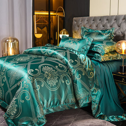 Parure de lit en satin jacquard doux et vintage (4 pièces)