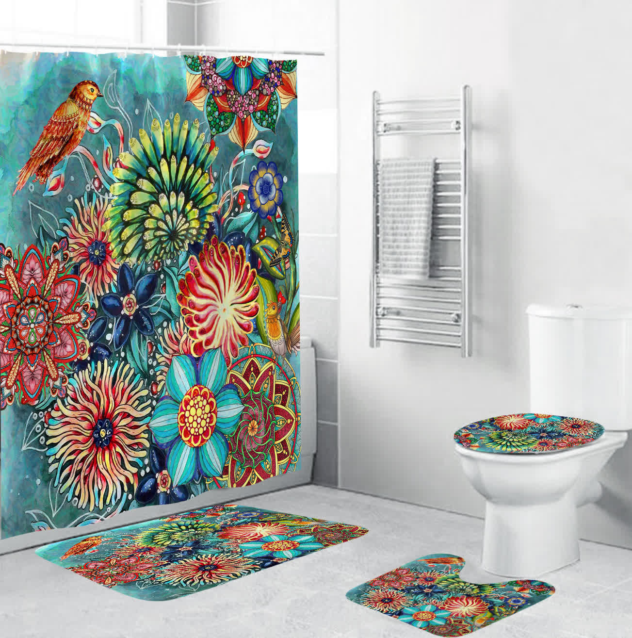 Rideau de douche imperméable à motif floral bohème