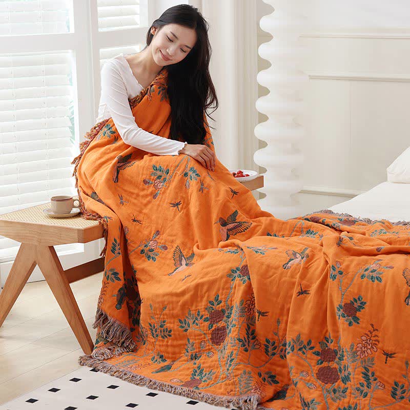 Couette réversible en gaze de coton avec oiseaux et fleurs