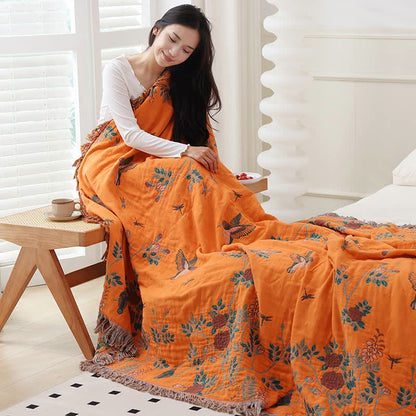 Couette réversible en gaze de coton avec oiseaux et fleurs