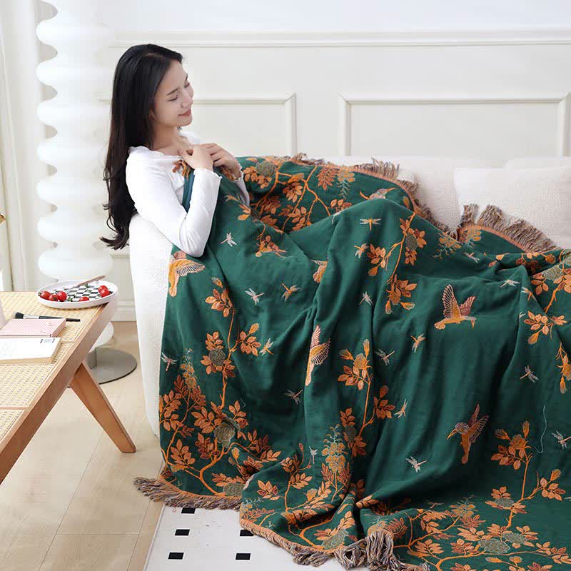 Couette réversible en gaze de coton avec oiseaux et fleurs