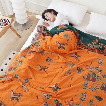 Couette réversible en gaze de coton avec oiseaux et fleurs