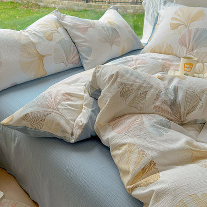 Housse de couette et drap de lit à motif feuille de ginkgo (4 pièces)