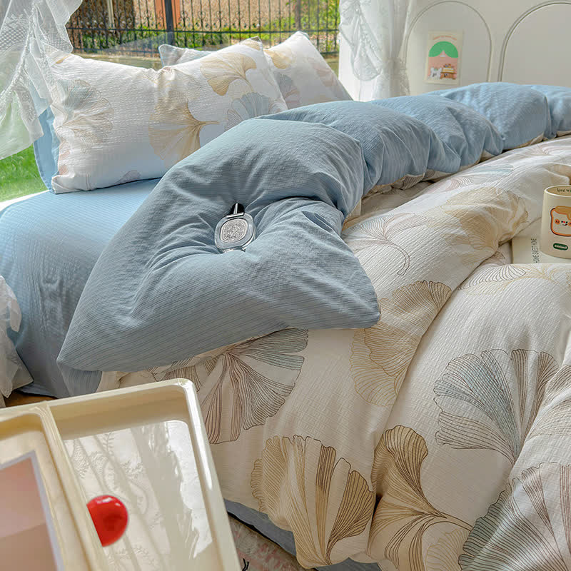 Housse de couette et drap de lit à motif feuille de ginkgo (4 pièces)