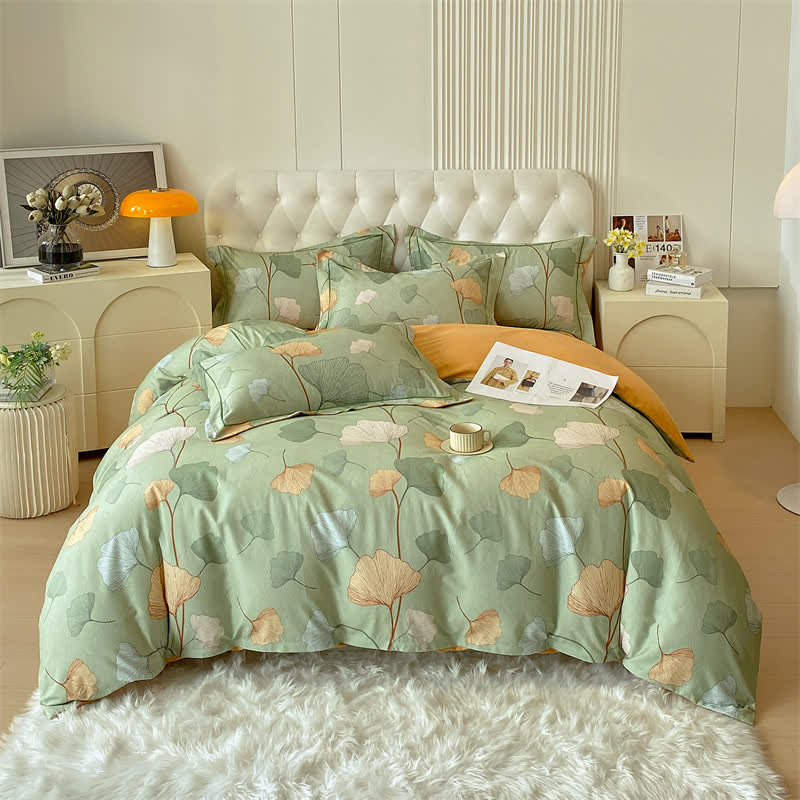 Parure de lit en coton brossé motif feuilles de ginkgo (4 pièces)