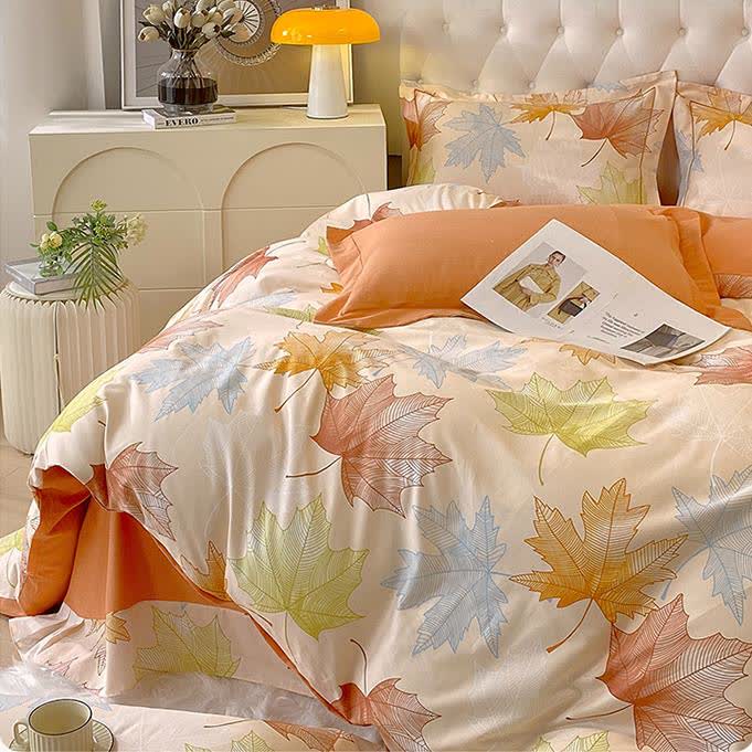 Parure de lit en coton brossé doux avec motif feuille d'érable (4 pièces)