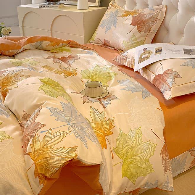 Parure de lit en coton brossé doux avec motif feuille d'érable (4 pièces)