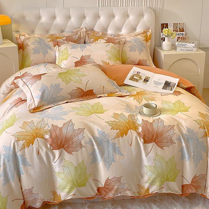 Parure de lit en coton brossé doux avec motif feuille d'érable (4 pièces)