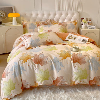 Parure de lit en coton brossé doux avec motif feuille d'érable (4 pièces)