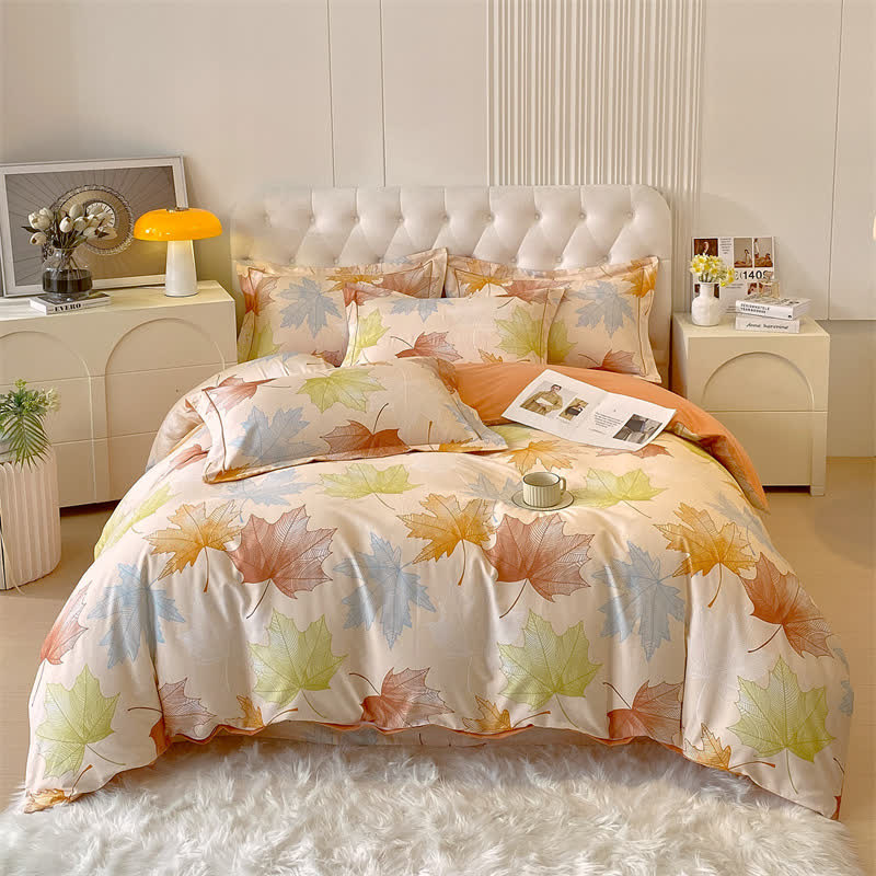 Parure de lit en coton brossé doux avec motif feuille d'érable (4 pièces)