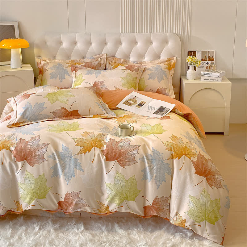 Parure de lit en coton brossé doux avec motif feuille d'érable (4 pièces)