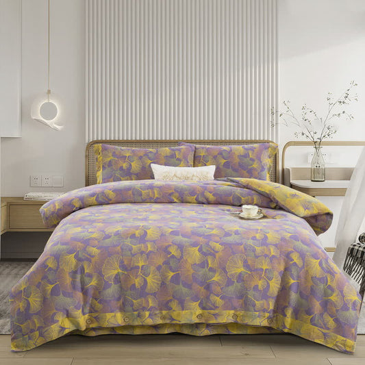 Parure de lit en coton avec feuilles de ginkgo et boutons (4 pièces) - Violet et jaune - ensemble de literie - 220 cm x 240 cm + 245 cm x 270 cm + 48 cm x 74 cm - image 0