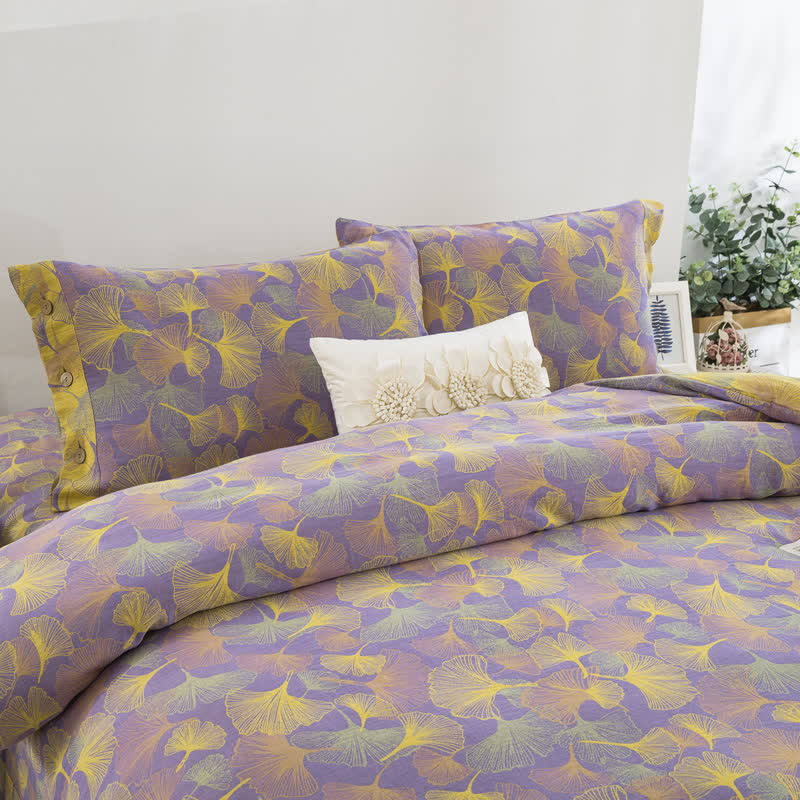 Parure de lit en coton avec feuilles de ginkgo et boutons (4 pièces) - image 3