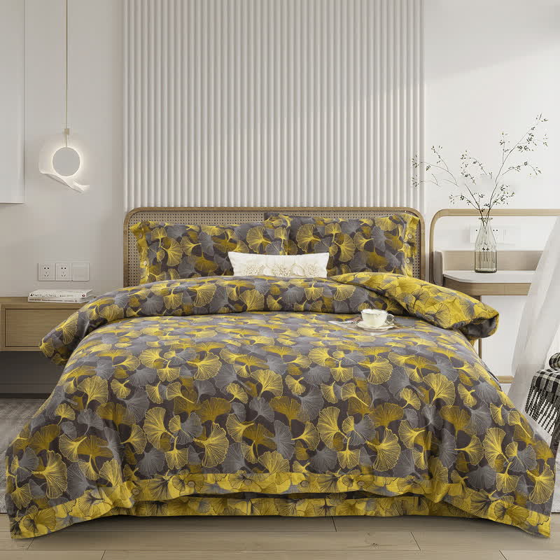 Parure de lit en coton avec feuilles de ginkgo et boutons (4 pièces) - Gris foncé et jaune - ensemble de literie - 220 cm x 240 cm + 245 cm x 270 cm + 48 cm x 74 cm - image 11