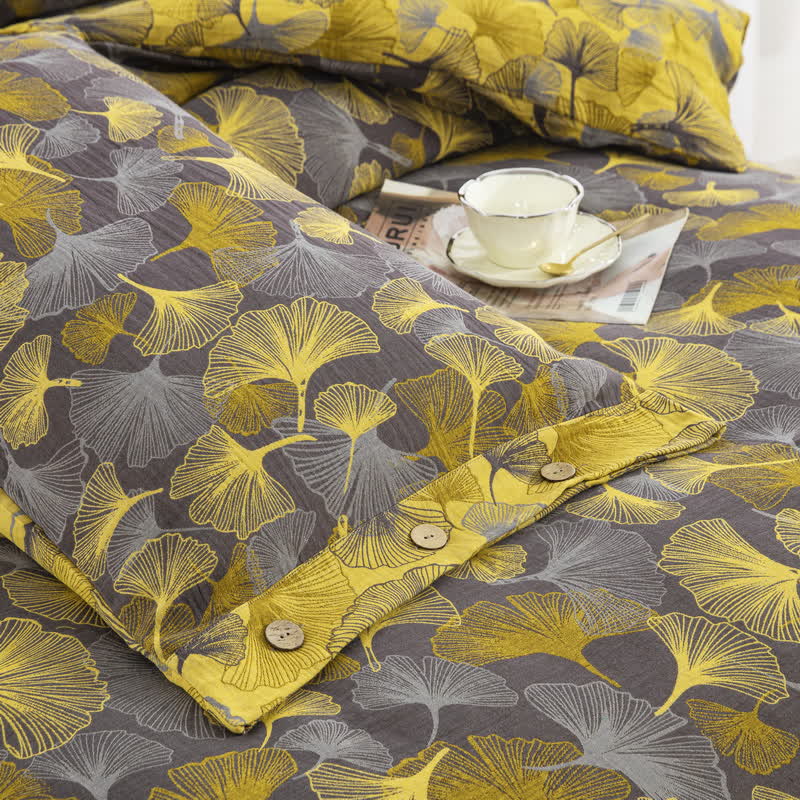 Parure de lit en coton avec feuilles de ginkgo et boutons (4 pièces) - image 21