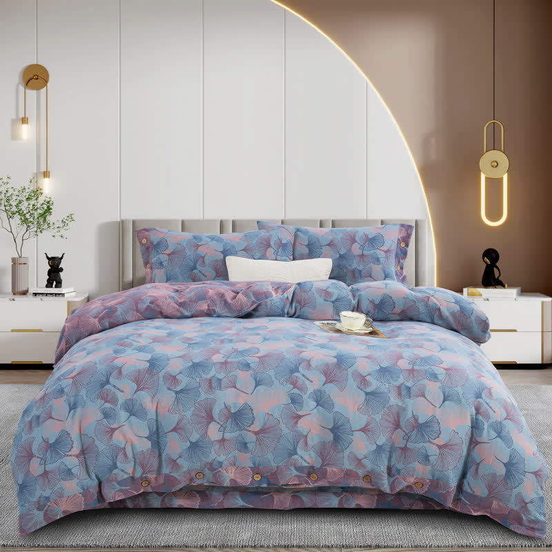 Parure de lit en coton avec feuilles de ginkgo et boutons (4 pièces) - Bleu et violet - ensemble de literie - 220 cm x 240 cm + 245 cm x 270 cm + 48 cm x 74 cm - image 34